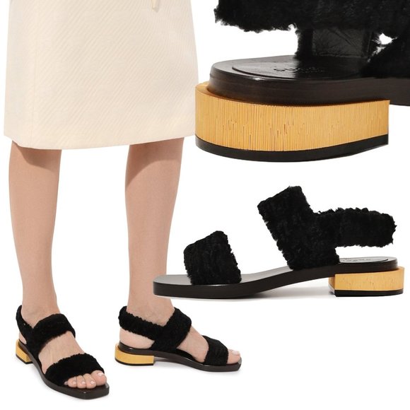 GUCCI SHOES RE-EDITION FAUX FUR BLACK VELVET SANDALS - Picture 1 of 16